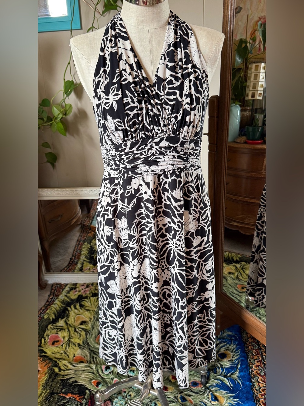 Evan-Picone Black & Ivory Sleeveless Halter A Line Fit & Flare Marilyn Dress 12